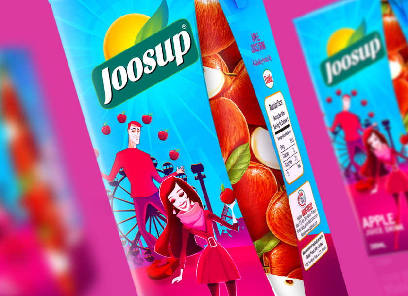 Joosup 果汁飲料利樂薄葉包裝設(shè)計，嬉戲的夫妻插畫設(shè)計