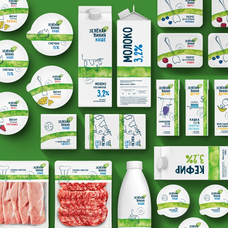 綠線健康食品乳制品鮮肉產品品牌包裝設計，手繪綠線超級視覺符號