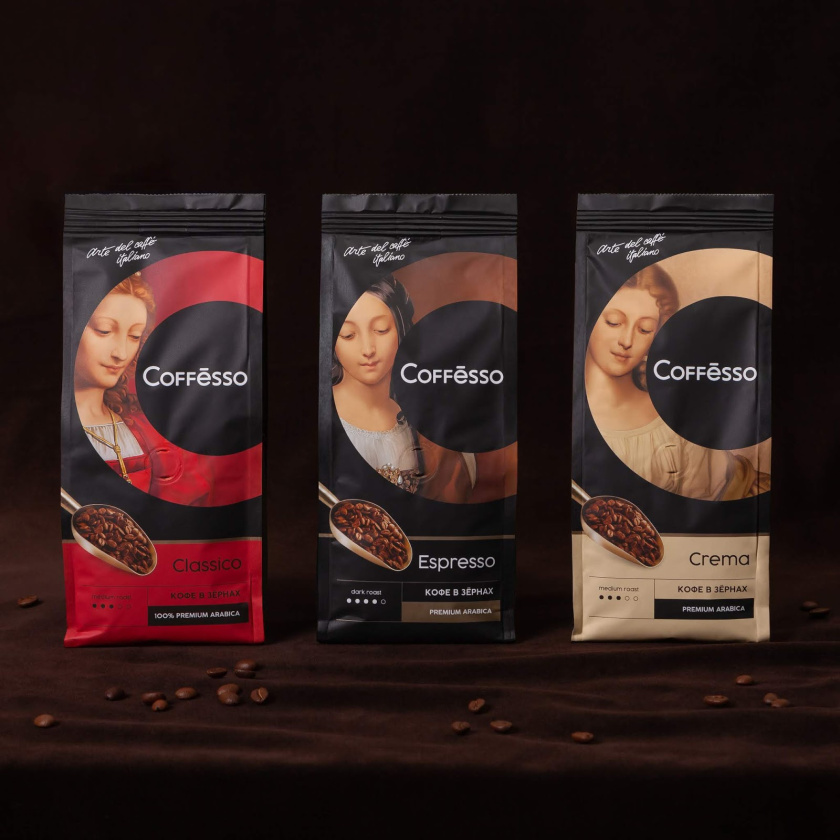 Coffesso速溶咖啡包裝設計，用字母C切出意大利文藝復興女性插圖圖像