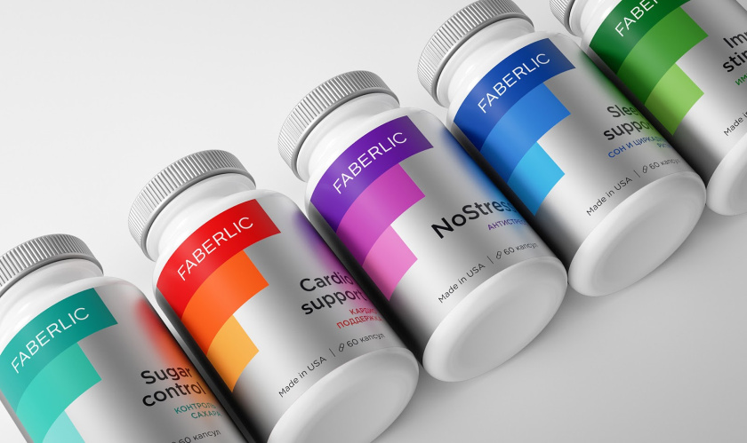 Faberlic 營養補充劑包裝設計，類似臺階的F字母符號，加銀色效果