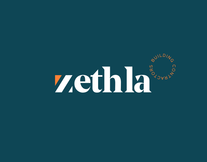Zethla 建筑公司logo設(shè)計(jì)vi設(shè)計(jì)，正方形被斜切出字母Z+藍(lán)橙工業(yè)配色