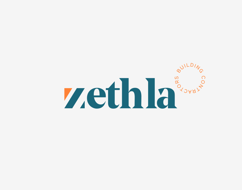 Zethla 建筑公司logo設(shè)計(jì)vi設(shè)計(jì)，正方形被斜切出字母Z+藍(lán)橙工業(yè)配色