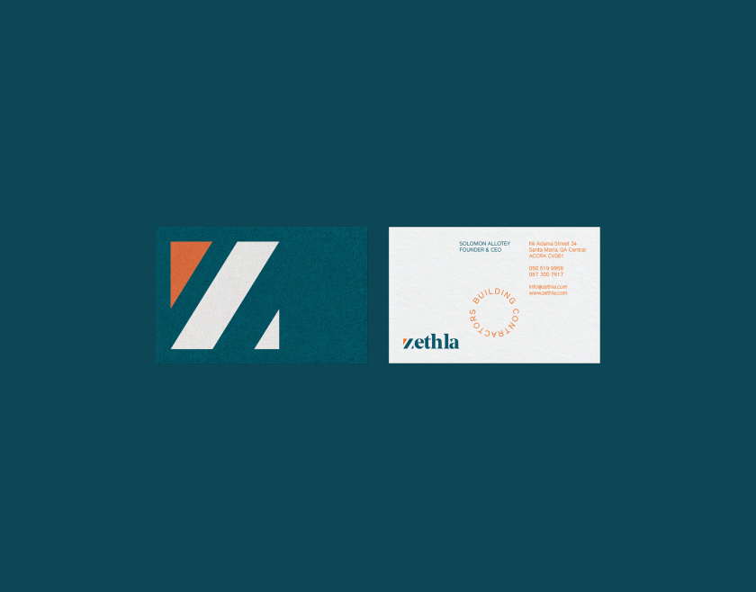 Zethla 建筑公司logo設(shè)計(jì)vi設(shè)計(jì)，正方形被斜切出字母Z+藍(lán)橙工業(yè)配色