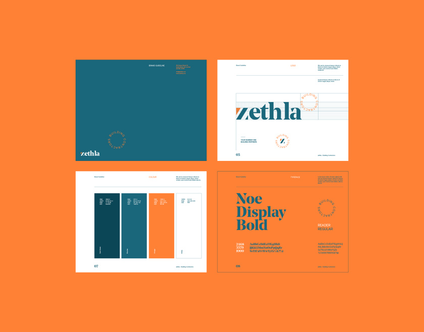 Zethla 建筑公司logo設(shè)計(jì)vi設(shè)計(jì)，正方形被斜切出字母Z+藍(lán)橙工業(yè)配色