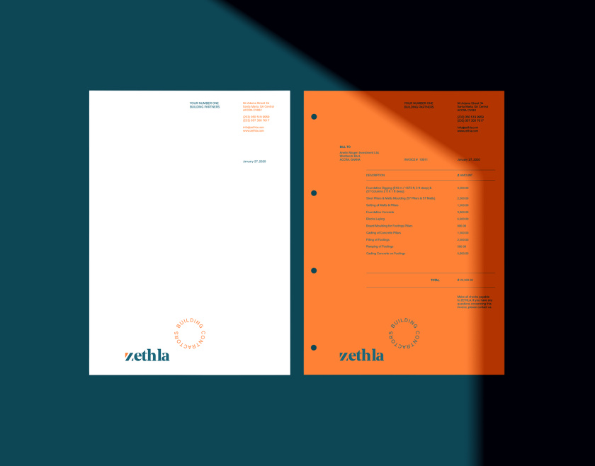 Zethla 建筑公司logo設(shè)計(jì)vi設(shè)計(jì)，正方形被斜切出字母Z+藍(lán)橙工業(yè)配色