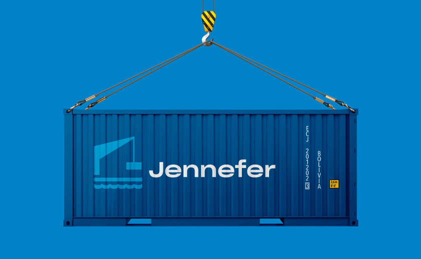 Jennefer國際港口品牌vi形象設計logo設計，大型起吊機元素與沉穩活力藍色配色