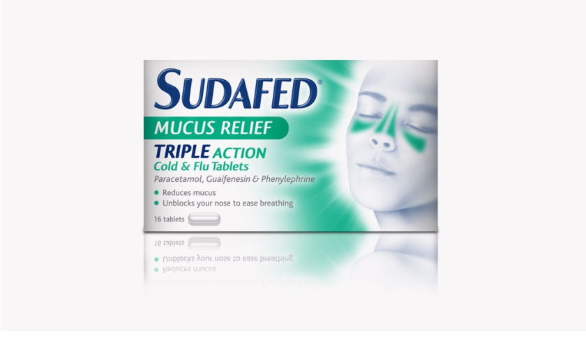 蘇達(dá)飛Sudafed 鼻子和鼻竇充血?jiǎng)┧幤钒b設(shè)計(jì)，標(biāo)志性的臉部圖形表達(dá)癥狀緩解