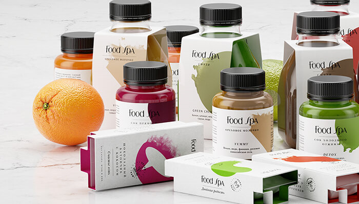 FoodSpa健康排毒果汁食品包裝設計，自然水彩配色方案
