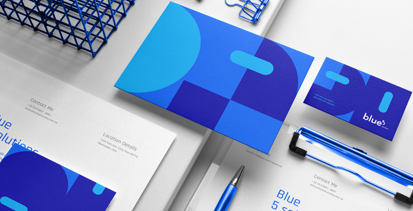 Blue 5 Solutions 科技公司企業(yè)品牌形象vi設(shè)計(jì),,幾何同色系藍(lán)色色塊輔助圖形