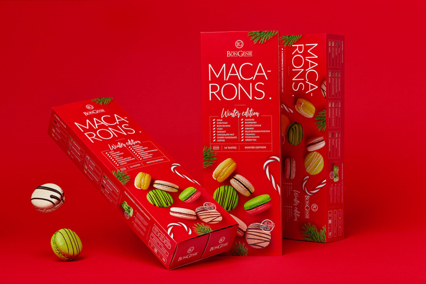 BonGenie馬卡龍糕點節日禮品裝食品包裝設計，喜慶紅色+糕點照片