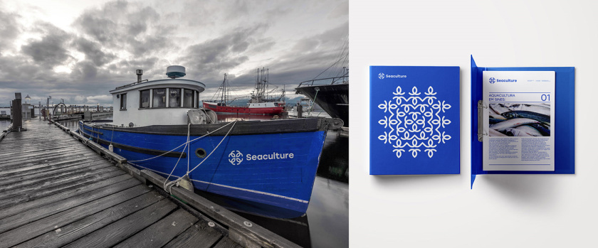 Seaculture 海水養(yǎng)殖海鮮品牌logo與vi識(shí)別設(shè)計(jì)，四個(gè)線條魚組合