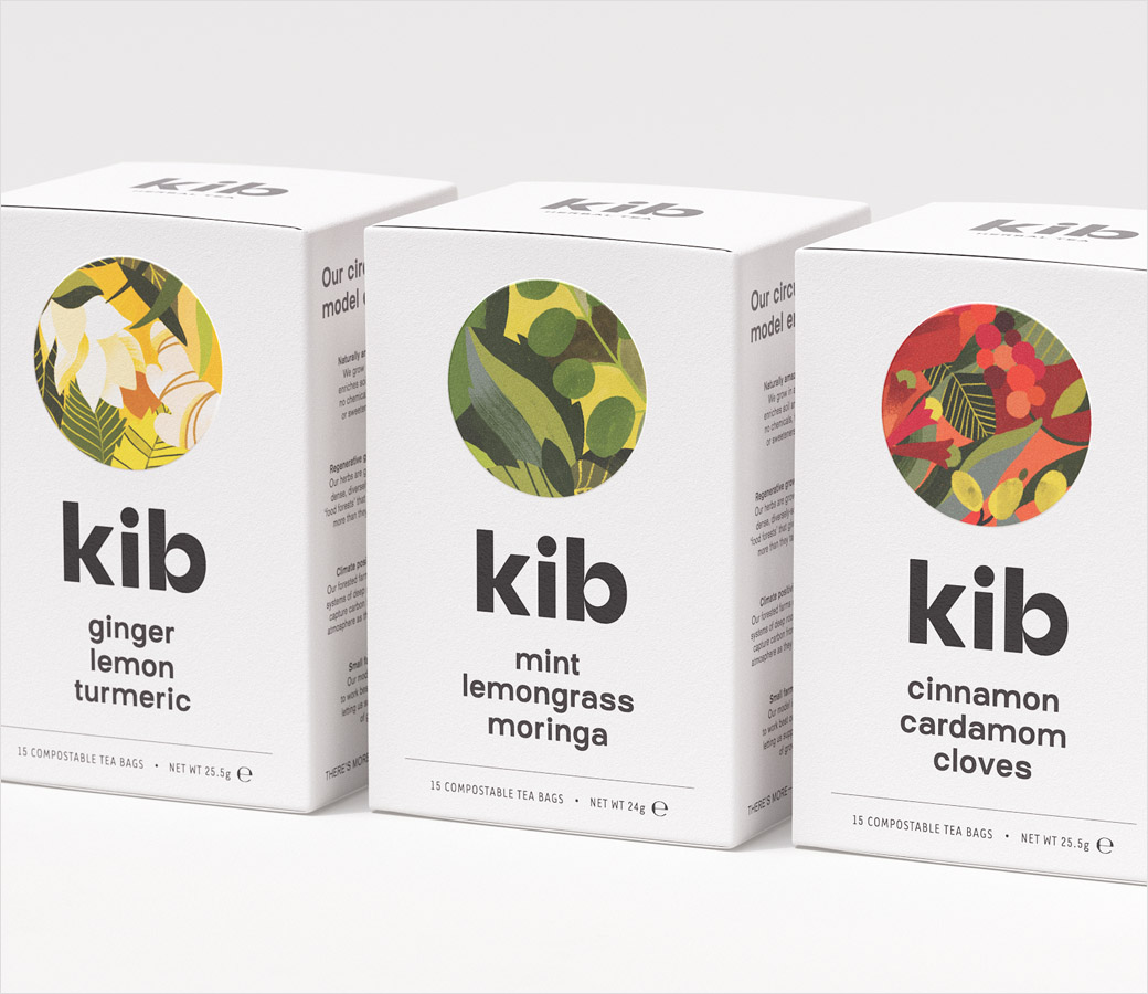Kib天然保健花草茶茶葉包裝設計插畫設計，自然簡潔的圓形風