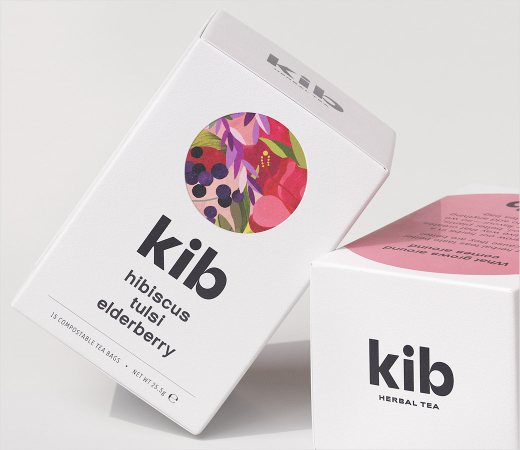Kib天然保健花草茶茶葉包裝設計插畫設計，自然簡潔的圓形風格