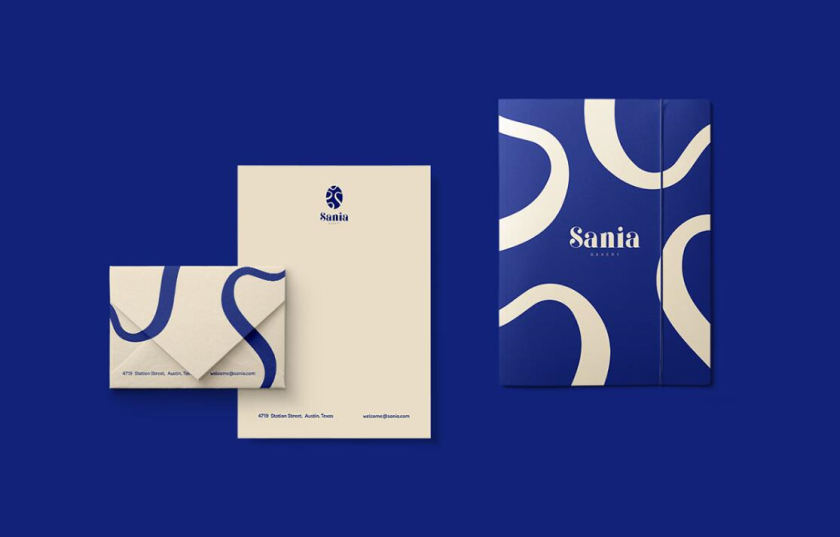sania 烘培面包店品牌vi形象設(shè)計(jì)，寶藍(lán)色面包手繪線條輪廓圖案
