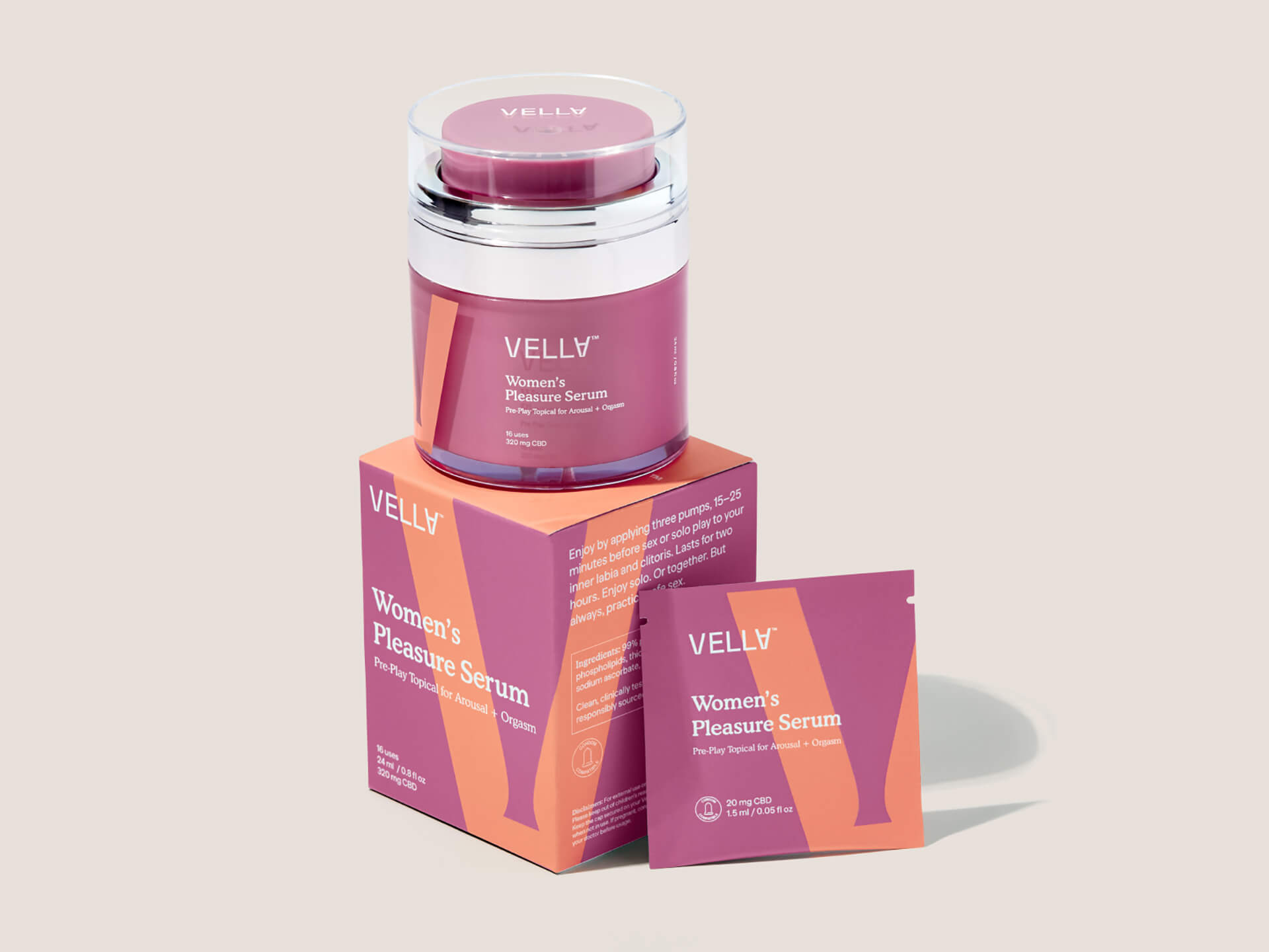 Vella女性愉悅精華素包裝設計，化妝品風格，突出v字母識別