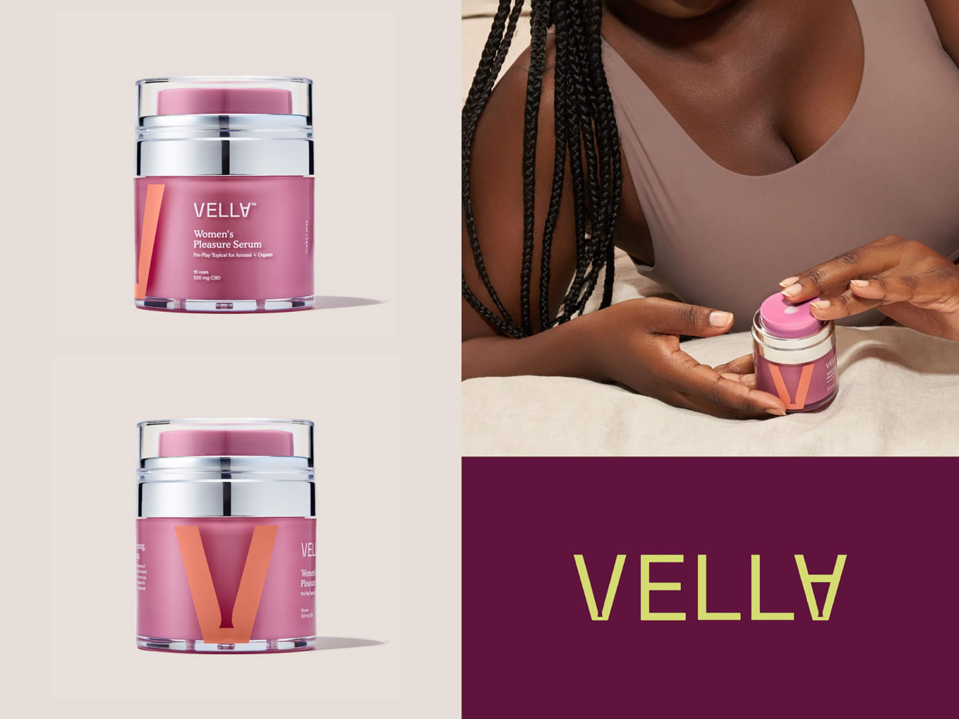 Vella女性愉悅精華素包裝設計，化妝品風格，突出v字母識別