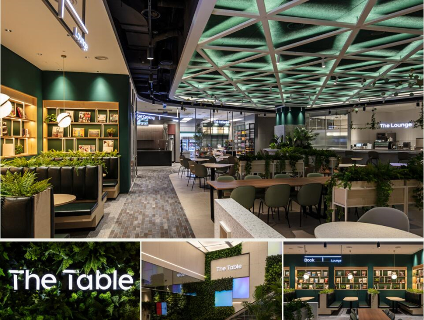 The Table 電信品牌vi視覺識別設計空間設計，與桌子結(jié)合的長長的T型水平線元