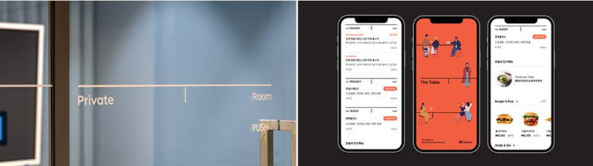 The Table 電信品牌vi視覺識別設計空間設計及導視，與桌子結(jié)合的長長的T型水平線元素
