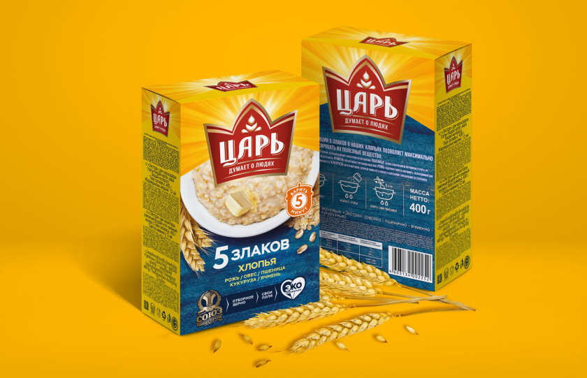 俄羅斯Tsar沙皇品牌谷物麥片食品紙盒包裝設計logo設計“日出皇冠”元素