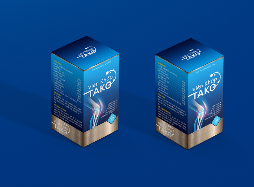 Tako 關節補充劑藥品保健品包裝設計，膝關節在藍色光面紙材料的圖像顯示