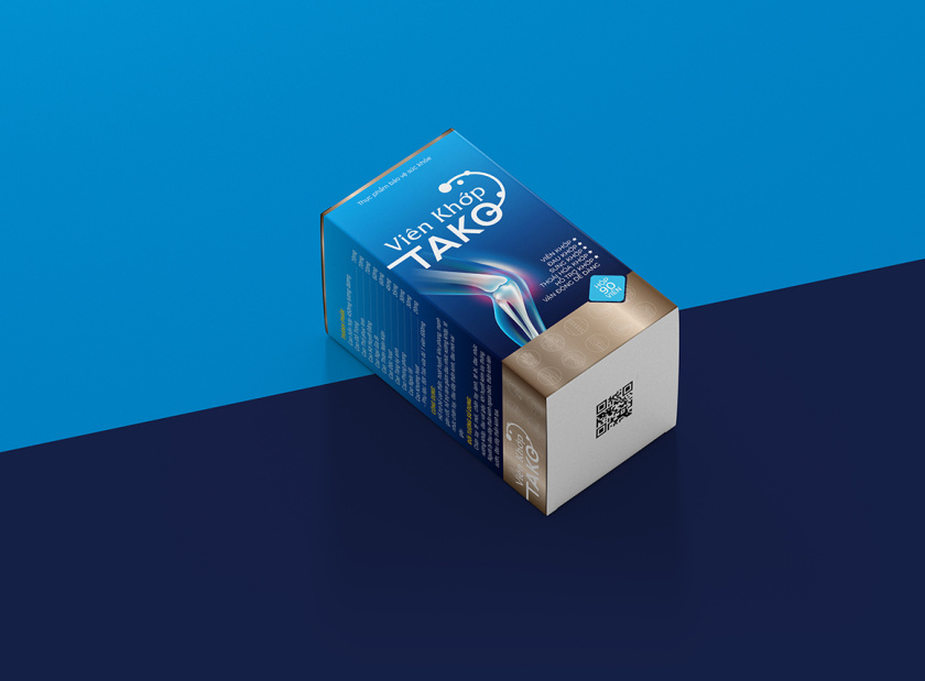 Tako 關節補充劑藥品保健品包裝設計，膝關節在藍色光面紙材料的圖像顯示