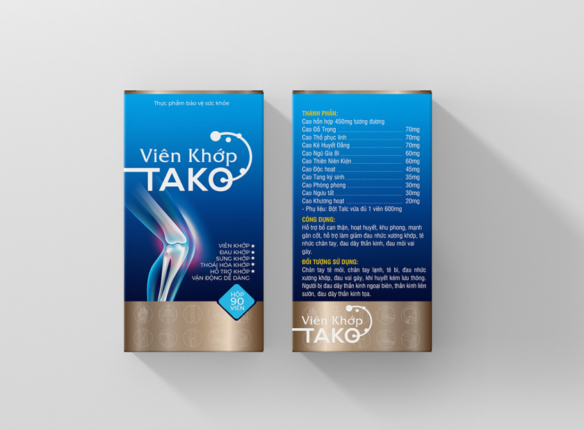 Tako 關節補充劑藥品保健品包裝設計，膝關節在藍色光面紙材料的圖像顯示