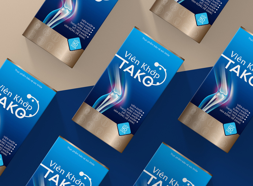 Tako 關節補充劑藥品保健品包裝設計，膝關節在藍色光面紙材料的圖像顯示