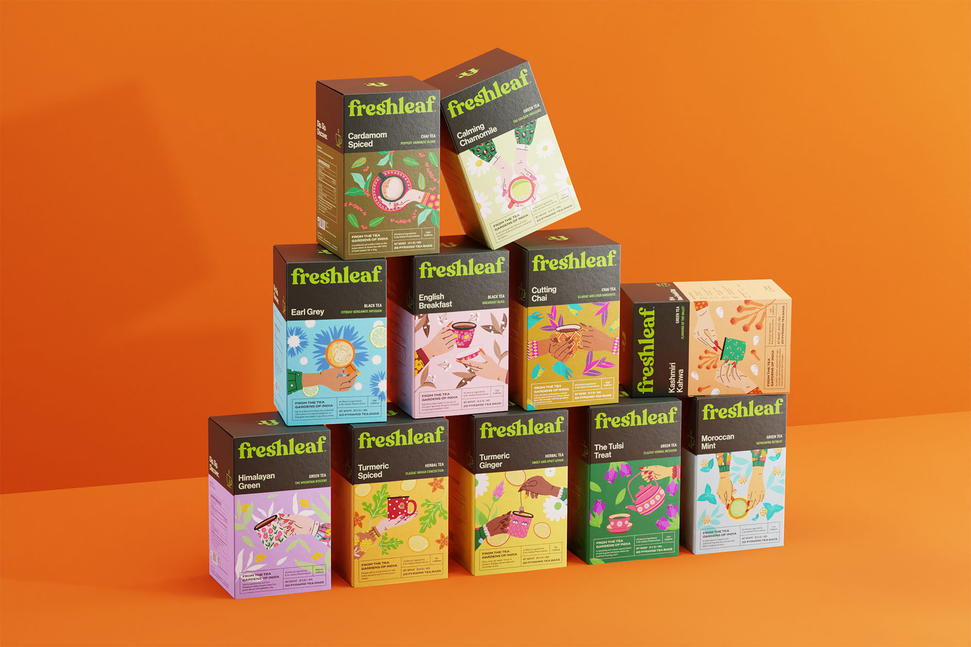 Freshleaf袋泡茶葉包裝設(shè)計(jì)，現(xiàn)代時(shí)尚矢量插畫風(fēng)格
