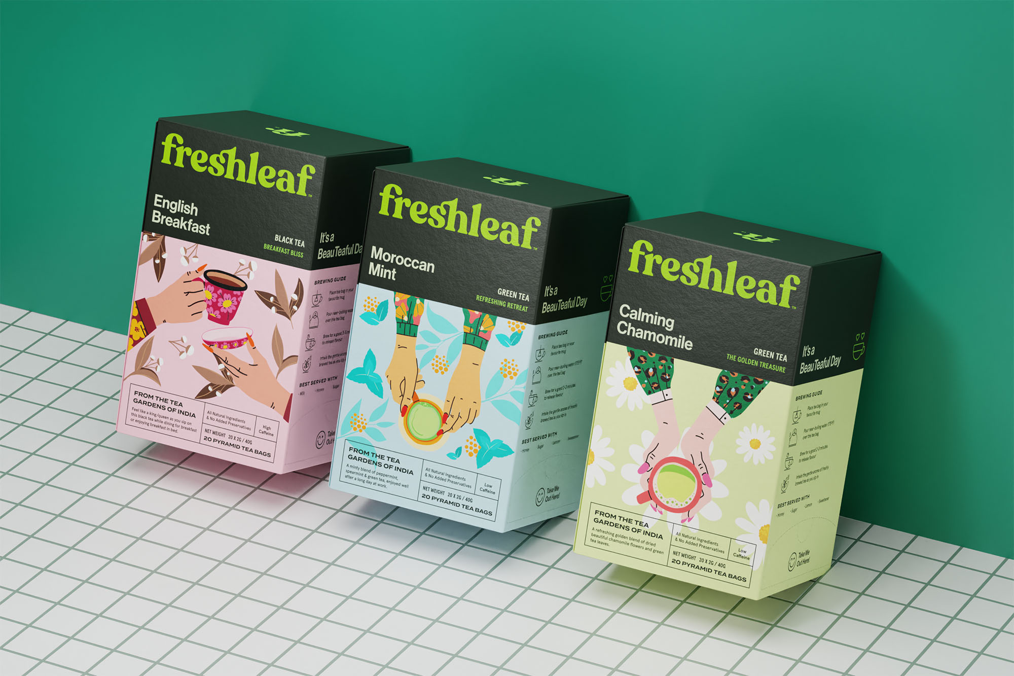 Freshleaf袋泡茶葉包裝設(shè)計(jì)，現(xiàn)代時(shí)尚矢量插畫風(fēng)格
