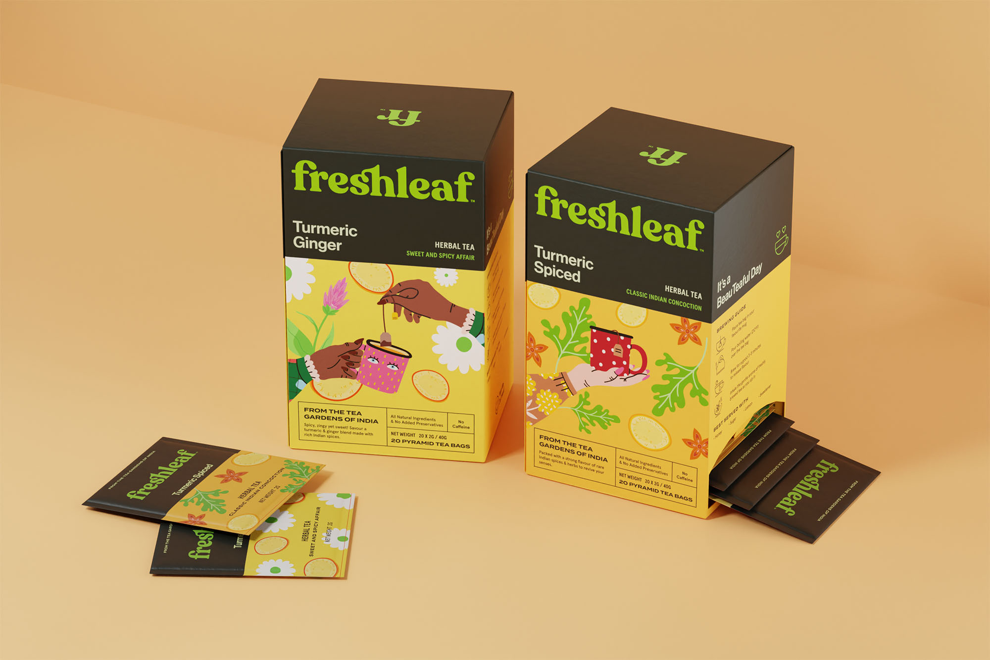 Freshleaf袋泡茶葉包裝設(shè)計(jì)，現(xiàn)代時(shí)尚矢量插畫風(fēng)格