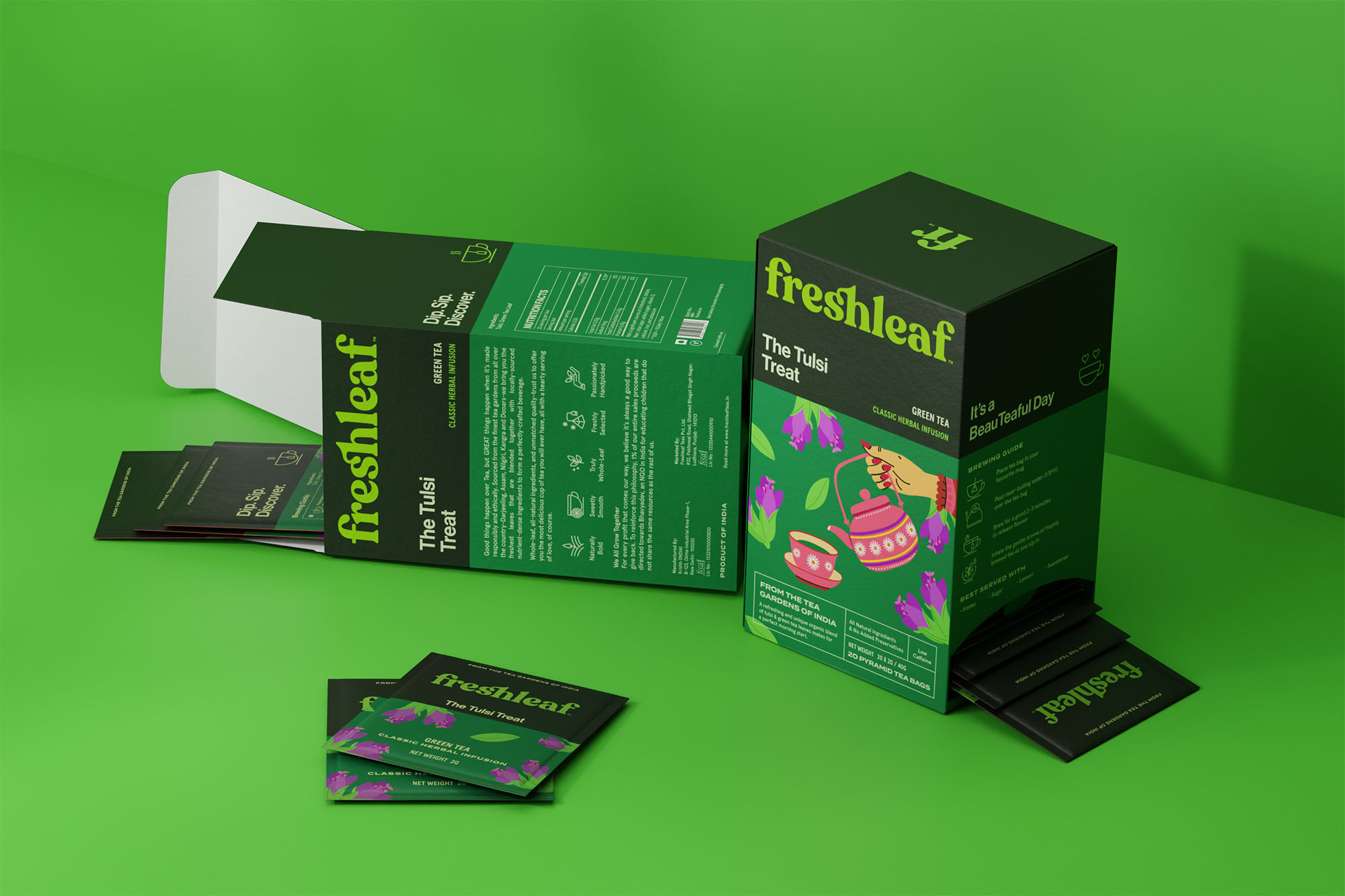 Freshleaf袋泡茶葉包裝設(shè)計(jì)，現(xiàn)代時(shí)尚矢量插畫風(fēng)格
