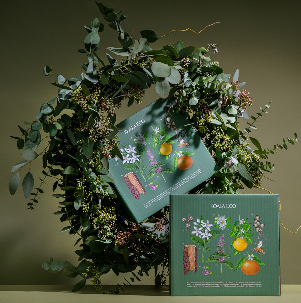 koala 植物精油綠色禮盒包裝設(shè)計，自然精致的植物花卉昆蟲插畫