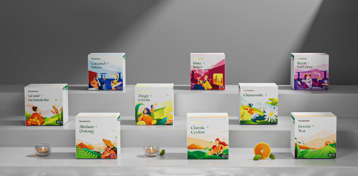 Teaepresso 袋泡茶茶葉包裝設計”茶園與飲茶插畫''''''''