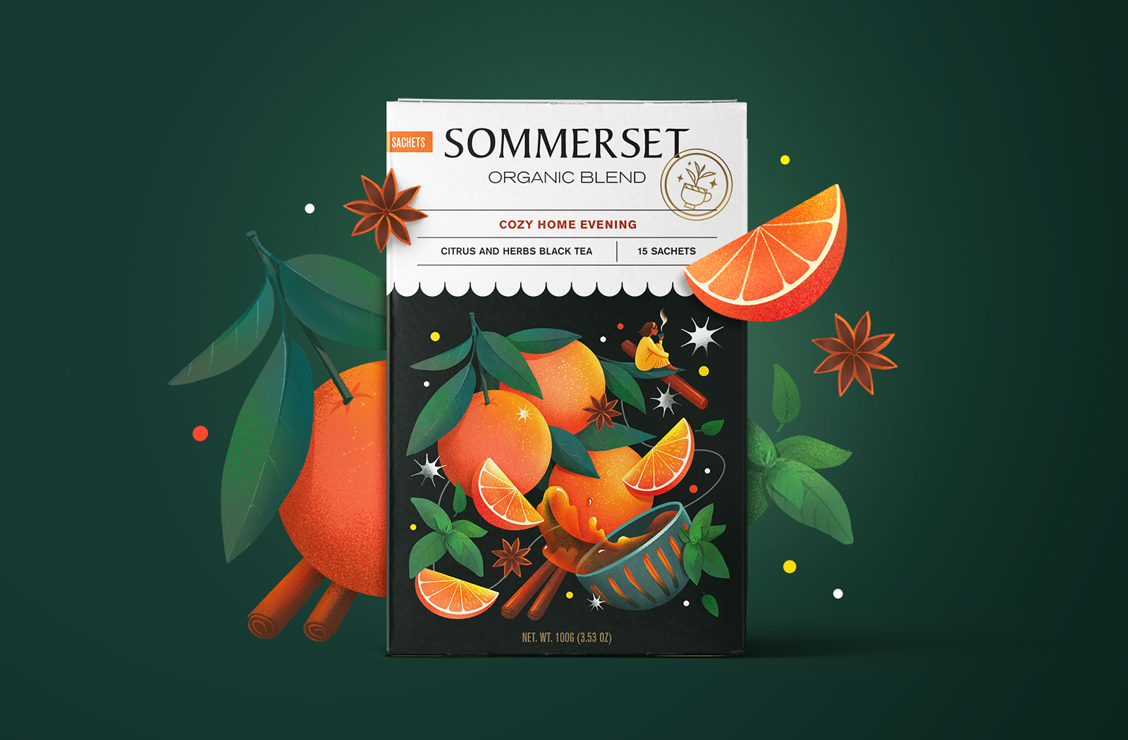 Sommerse有機水果茶花茶混合茶包裝設計，充滿食欲的立體感插畫