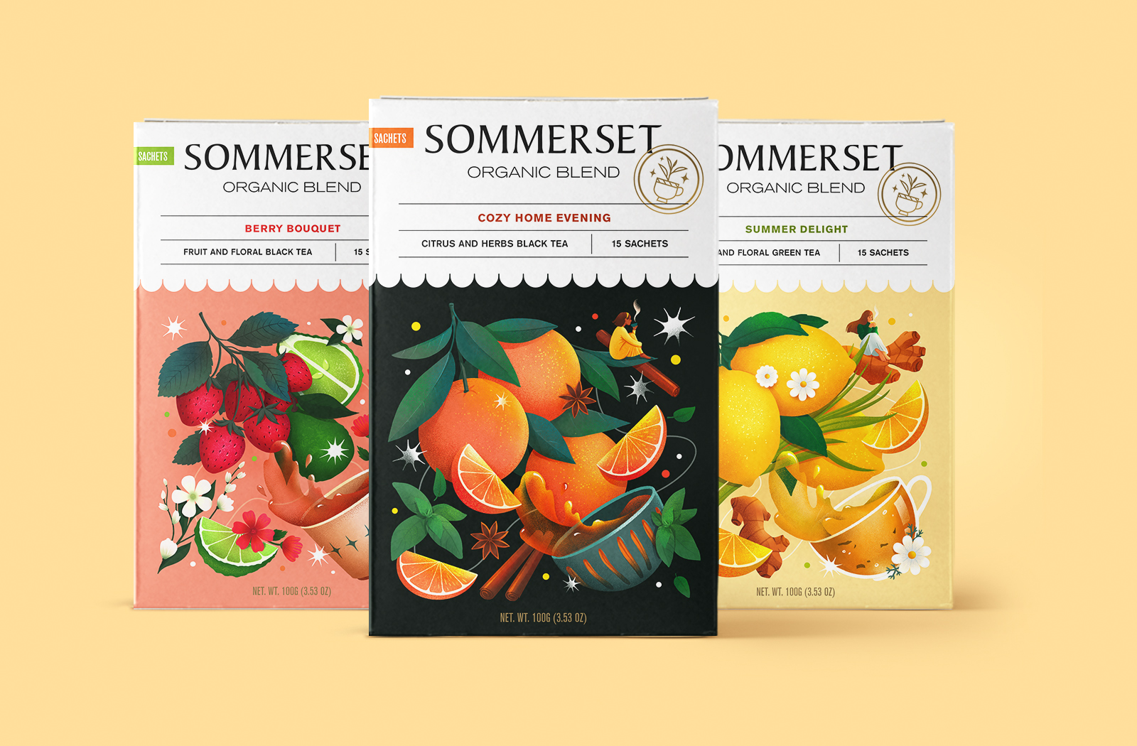 Sommerse有機水果茶花茶混合茶包裝設計，充滿食欲的立體感插畫