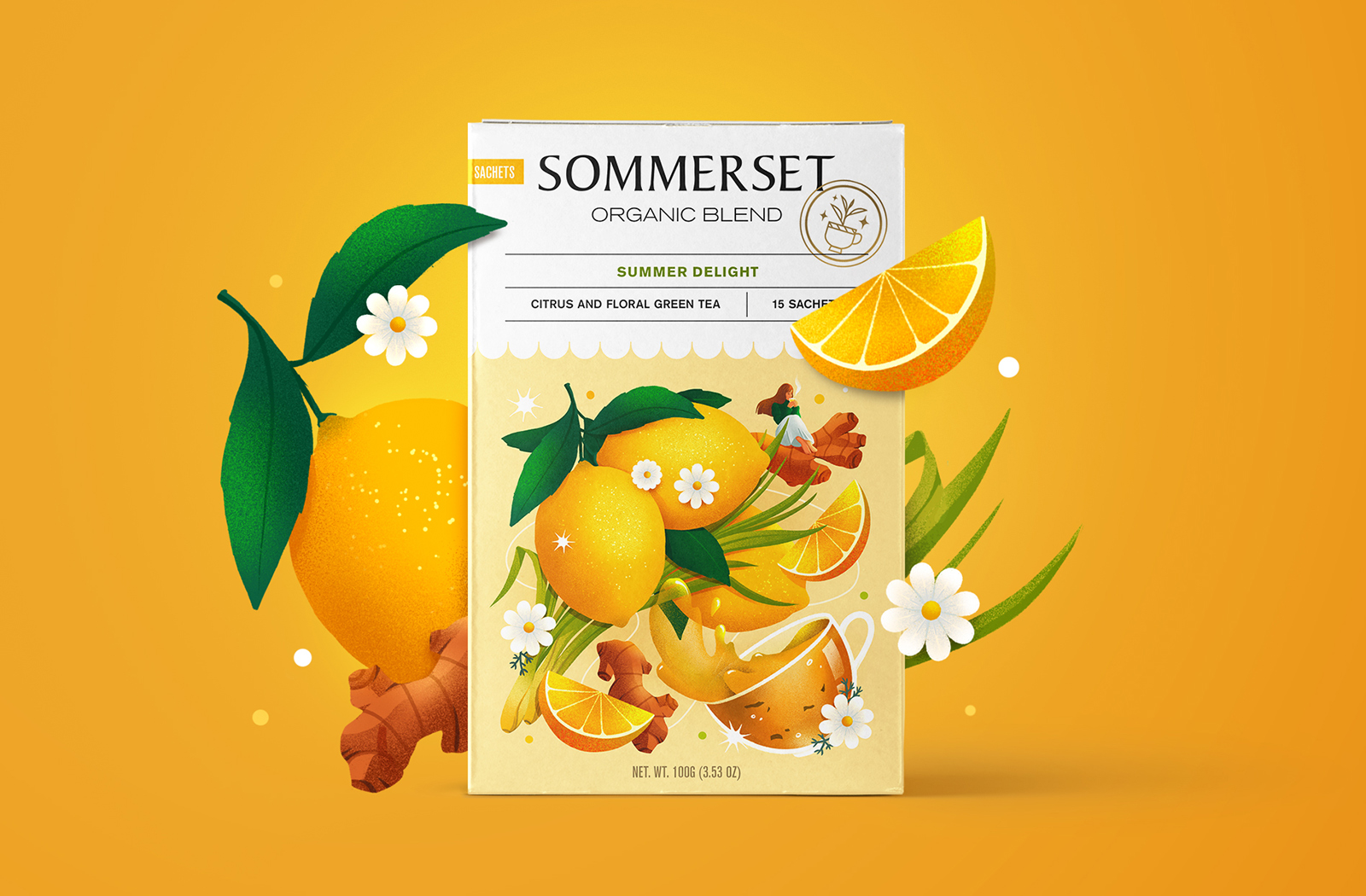 Sommerse有機水果茶花茶混合茶包裝設計，充滿食欲的立體感插畫