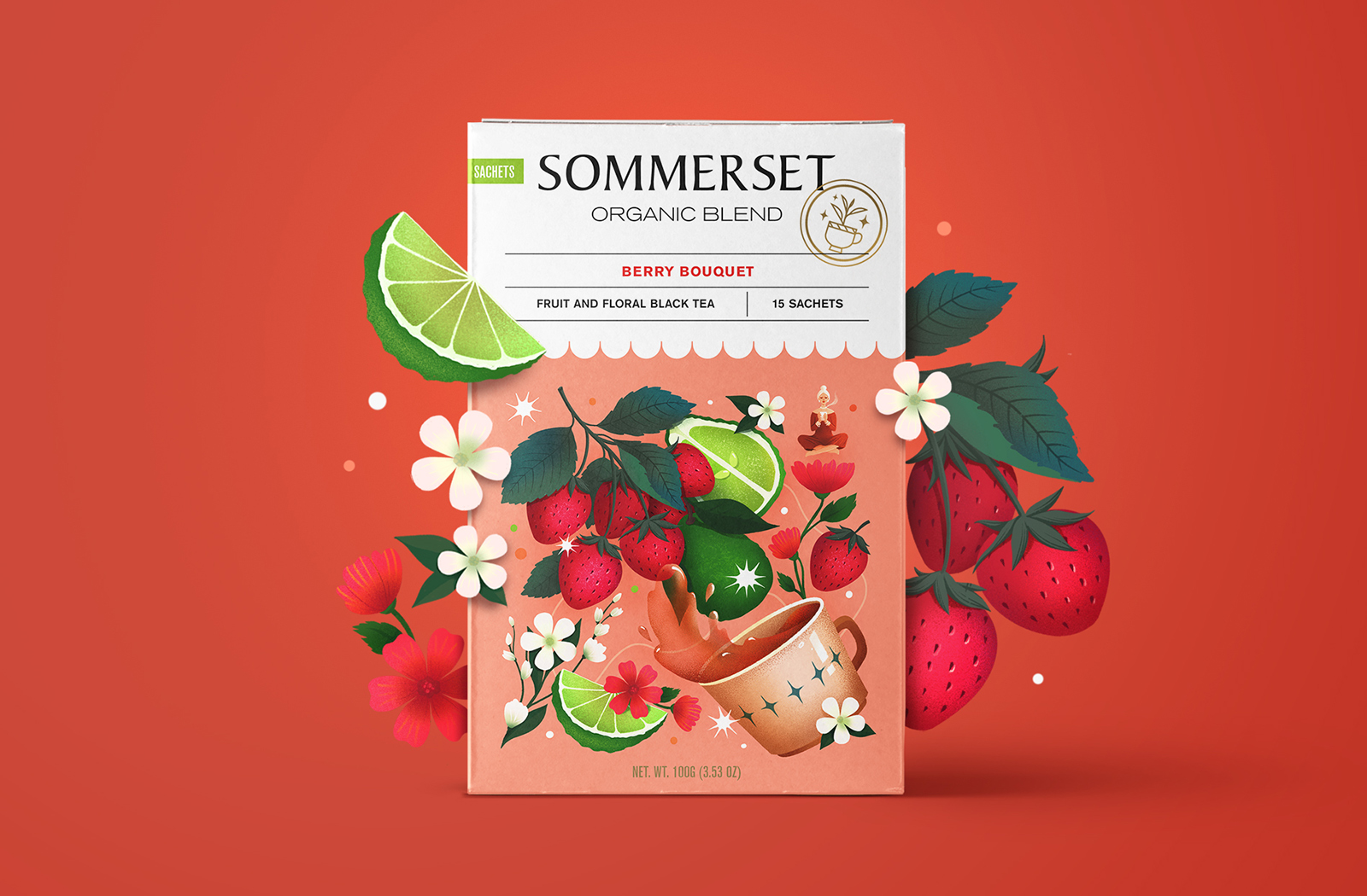 Sommerse有機水果茶花茶混合茶包裝設計，充滿食欲的立體感插畫