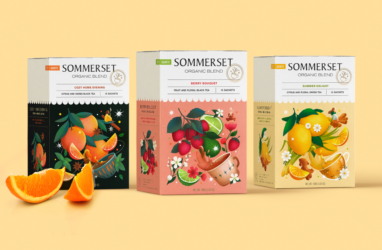 Sommerse有機水果茶花茶混合茶包裝設計，充滿食欲的立體感插畫