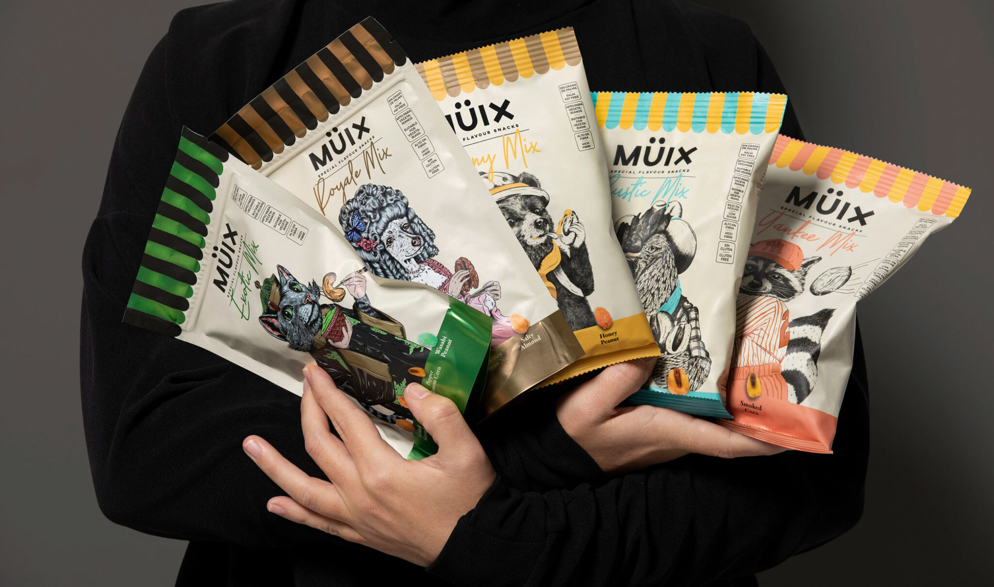 Müix混合口味堅果食品包裝設計“動物擬人”插畫