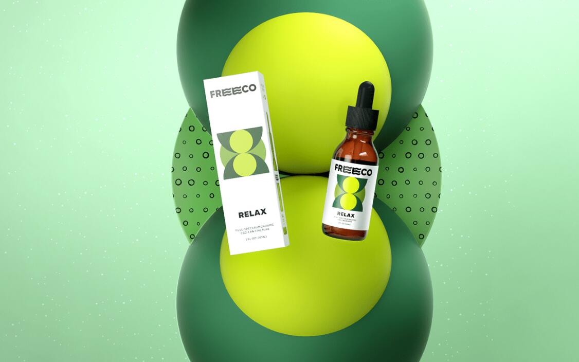 freeco天然大麻提取物滴劑藥品包裝設計，抽象幾何圖案組合