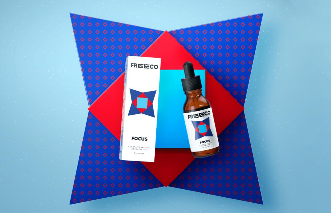freeco天然大麻提取物滴劑藥品包裝設計，抽象幾何圖案組合