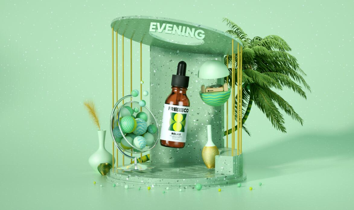 freeco天然大麻提取物滴劑藥品包裝設計，抽象幾何圖案組合