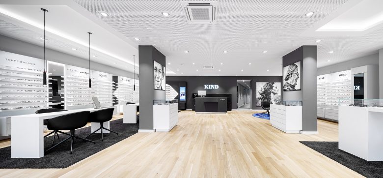 KIND 光學眼鏡和聲學聽力產品專賣店店鋪空間si設計，黑白輕松風格