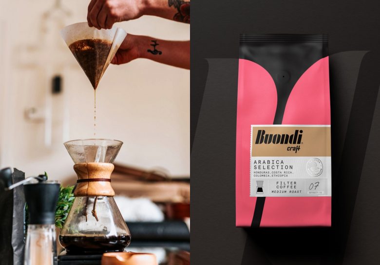 Buondi 咖啡標簽貼紙包裝設計與字母中間切開標志設計 Buondi 咖啡標簽貼紙包裝設計與字母中間切開標志設計
