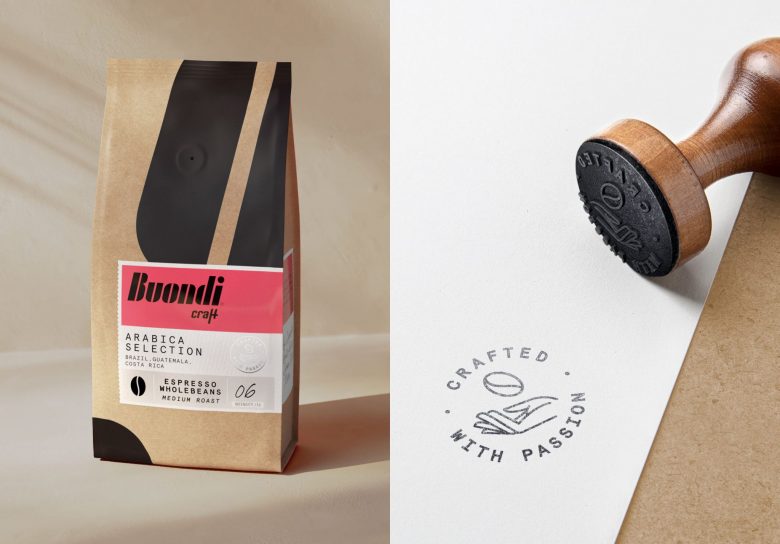Buondi 咖啡標簽貼紙包裝設計與字母中間切開標志設計 Buondi 咖啡標簽貼紙包裝設計與字母中間切開標志設計