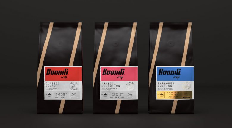 Buondi 咖啡標簽貼紙包裝設計與字母中間切開標志設計 Buondi 咖啡標簽貼紙包裝設計與字母中間切開標志設計