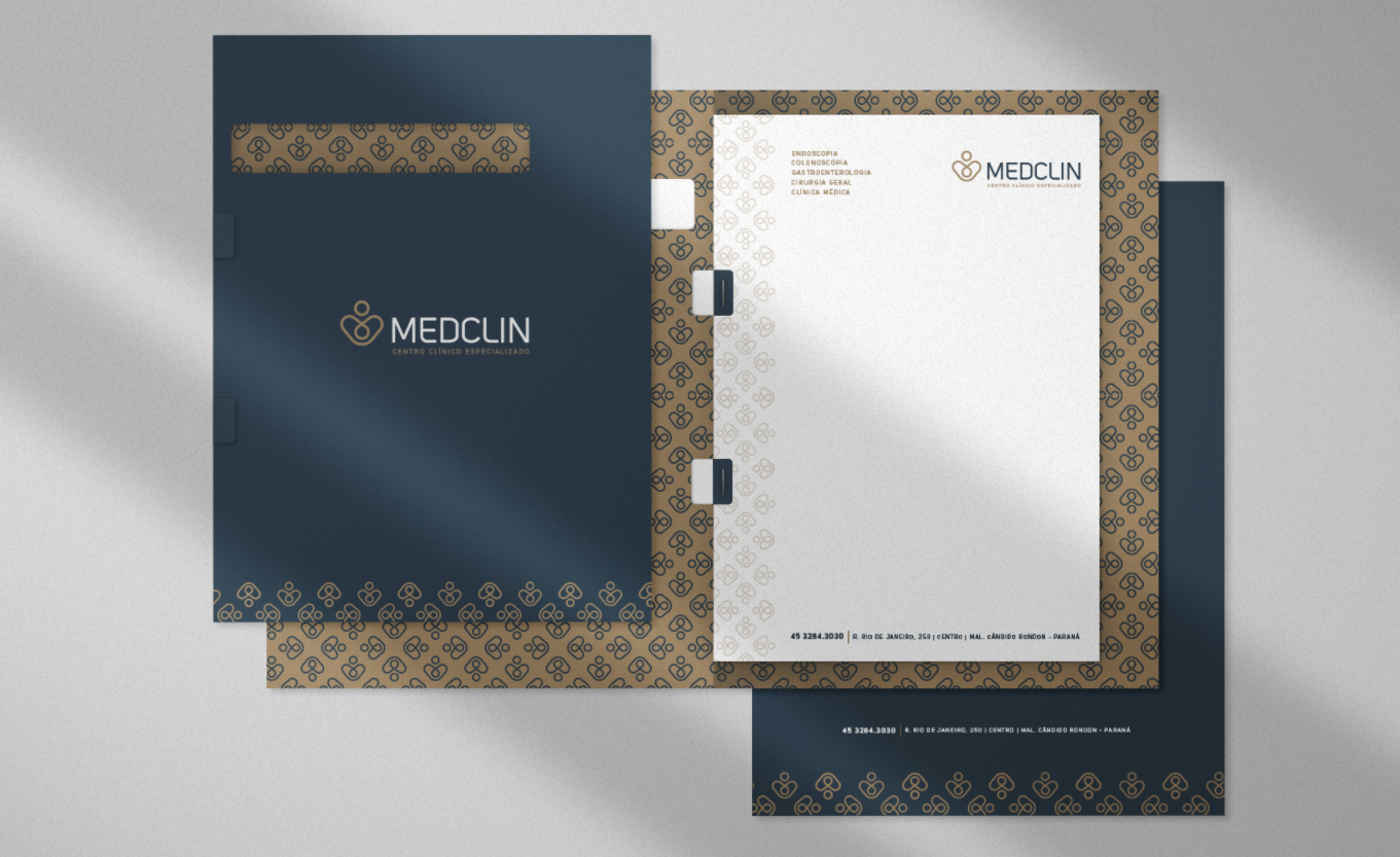 Medclin 高端醫療體檢醫院logo設計vi設計，藍金尊貴體驗氛圍