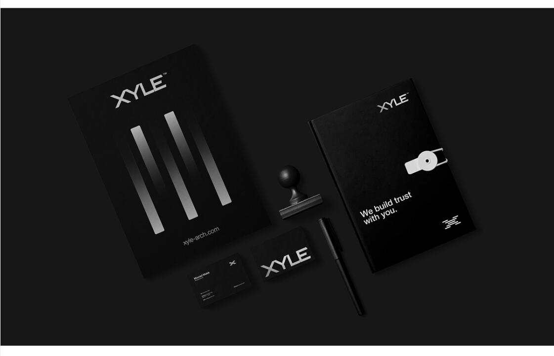 Xyle建筑設(shè)計公司logo設(shè)計品牌形象vis設(shè)計，x磚塊logo與超酷黑白漸變vi風