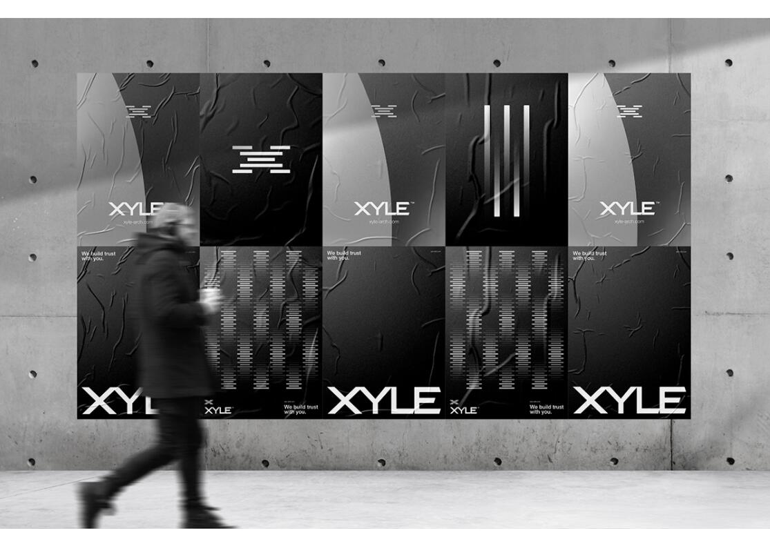 Xyle建筑設(shè)計公司logo設(shè)計品牌形象vis設(shè)計，x磚塊logo與超酷黑白漸變vi風