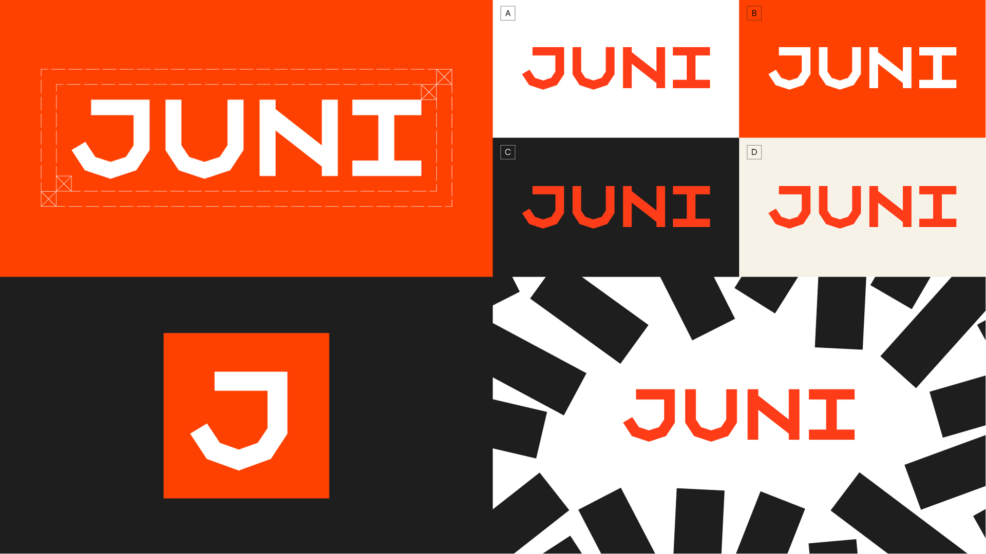 Juni金融科技初創公司logo設計品牌形象vi設計,源自多米諾骨牌粗線條色塊核心視覺